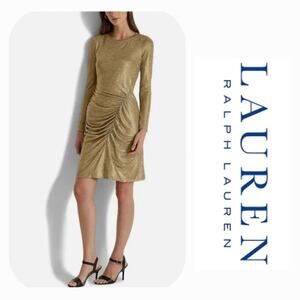 NWT Lauren Ralph Lauren Side Ruched Solid Foil Jersey Sheath Dress Sz. 8 Gold